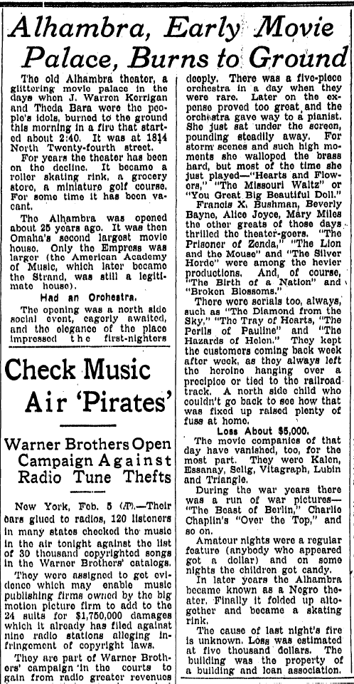 Article Scan: Alhambra, Early Movie Palace, Burns to Ground